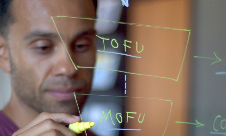 Guy sketching a sales funnel on a glass wall