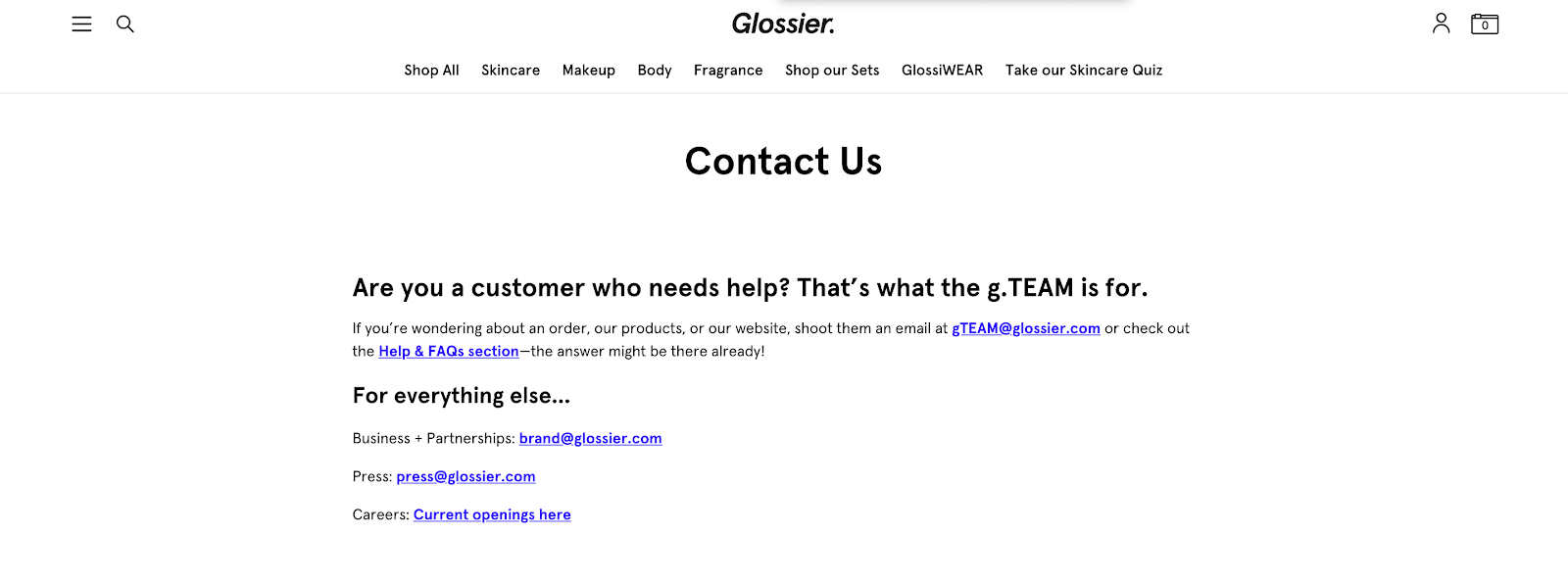 Glossier Contact Us Page