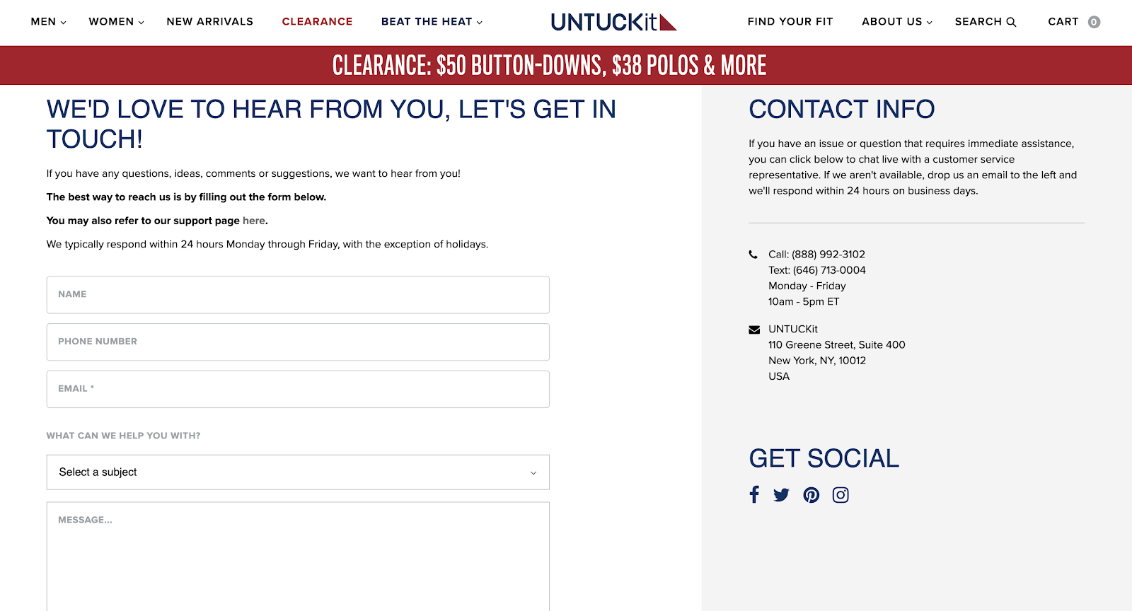 UNTUCKit Contact Us Page